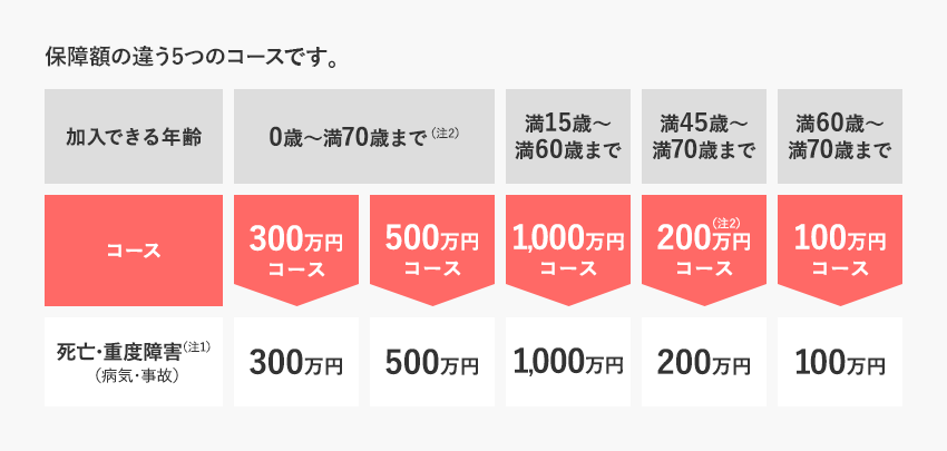 保障額の違う5つのコースです。0歳～満70歳まで 300万円コース 500万円コース 満15歳～満60歳まで 1,000万円コース 満45歳～満70歳まで 200万円コース 満60歳～満70歳まで 100万円コース