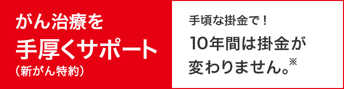 がん治療を手厚くサポートがん治療を手厚くサポート（新がん特約） 手頃な掛金で！10年間は掛金が変わりません。※ 手頃な掛金で！10年間は掛金が変わりません。※