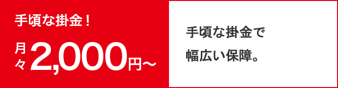 手頃な掛金！月々2,000円~ 手頃な掛金で幅広い保障。